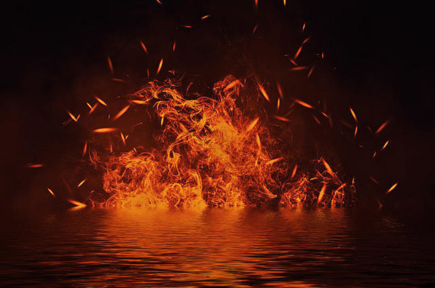 火在水中反射的纹理。孤立的黑色背景上的火焰。<strong>条幅</strong>、传单、卡片的纹理。
