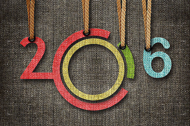 2016年新年快乐，麻布背景下，数字们以绳索作为木偶演员。