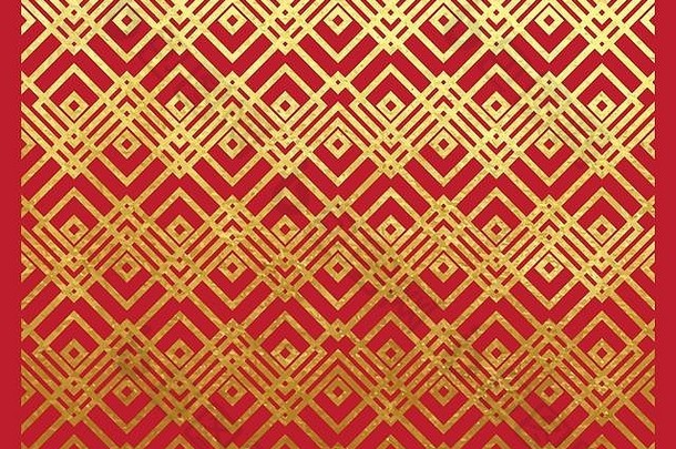 东方古代几何图案真正的金漆金属箔装饰在吉祥红纸上，以金墨或金光为背景的中国新年。