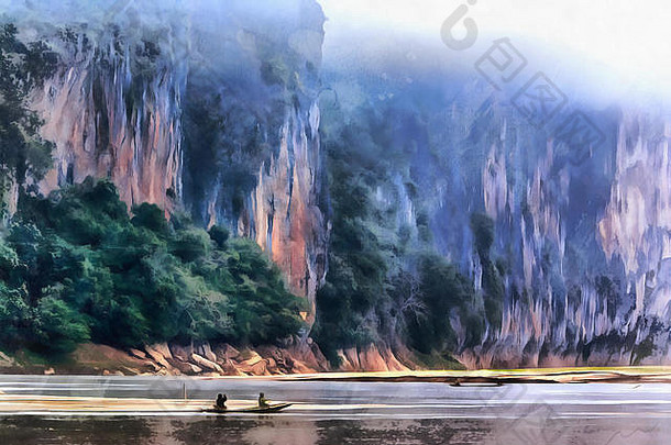 色彩斑斓的绘画湄公河河景观老挝