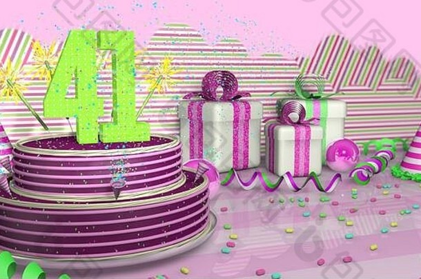 紫色圆形41岁生日蛋糕，在明亮的桌子上装饰着五颜六色的火花和粉色线条，上面有绿色的彩带、派对帽和带别针的礼盒