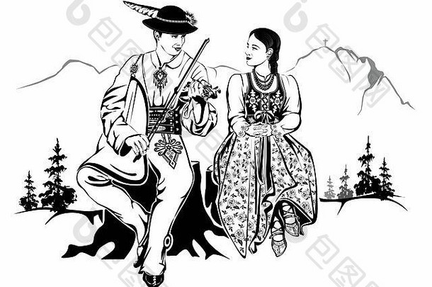 波兰的高地人夫妇传统的服装黑色的白色插图