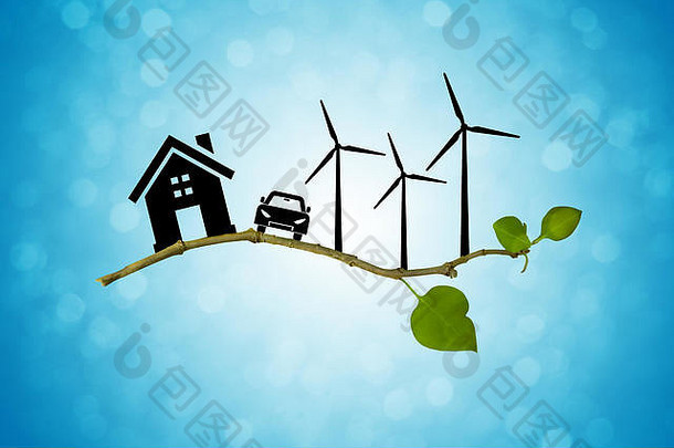 环境绿色能源概念轮廓房子车风涡轮树分支