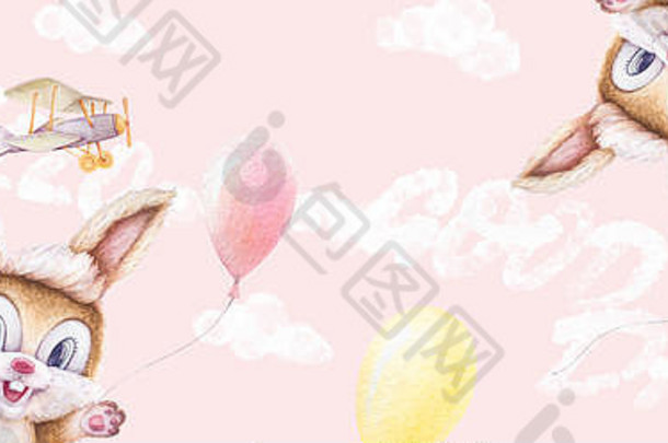 兔子玩色彩斑斓的气球飞机飞行丝带天空云手刻字好一天女孩婴儿淋浴光粉红色的背景