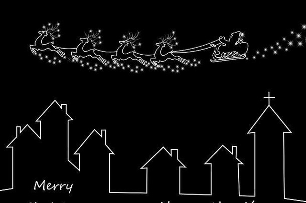 新年，圣诞卡。房屋上方的鹿和圣诞老人雪橇的抽象剪影。插图