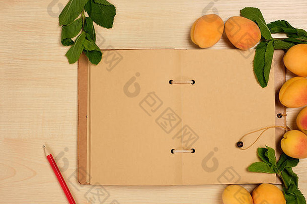 一张轻薄的木桌上放着一本打开的手工纸笔记本，四周是杏子和香草。