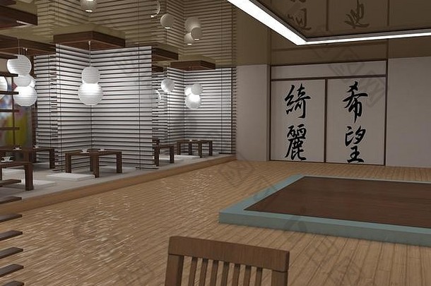 中餐厅、寿司吧、室内可视化、3D插图
