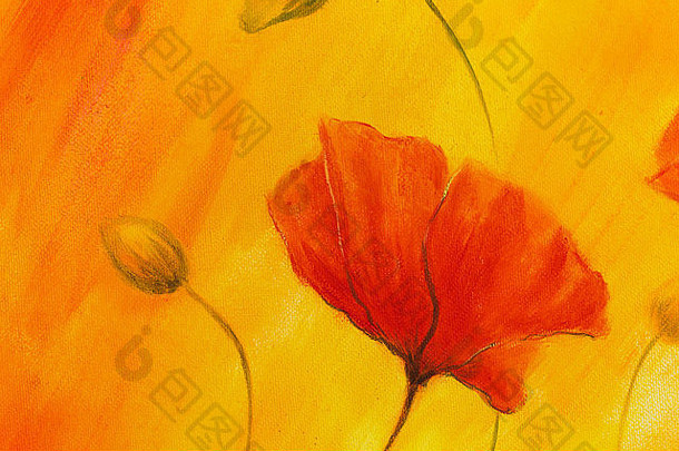 橙色背景上的红色花。红色花。抽象色彩背景下的红花
