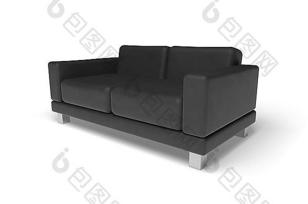 白色空地板背景上的黑色沙发，3d插图，透视图