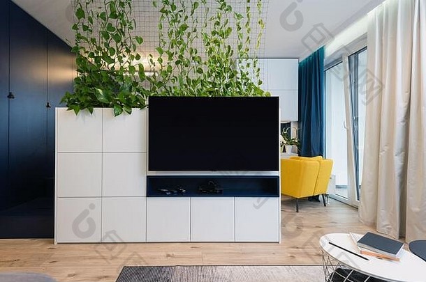现代公寓室内的电视墙和电视柜