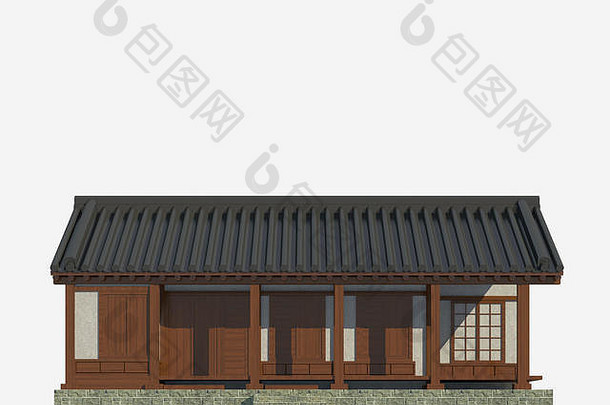白色背景上隔离的日本建筑3d插图
