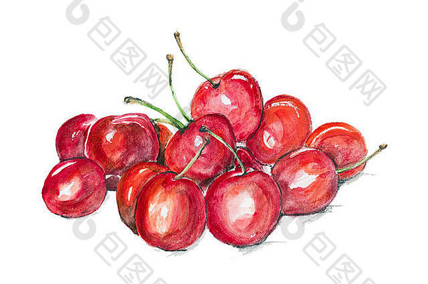 魔法成熟的樱桃水果孤立的宏手工制作的水彩绘画插图白色纸艺术背景