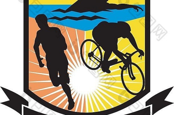 显示铁人三项运动员游泳、骑自行车或骑自行车跑步的铁人三项运动的插图