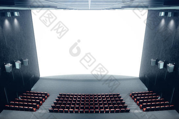 电影大厅空白屏幕空座位现代设计引人注目的照明霓虹灯照明音频系统墙电影大厅