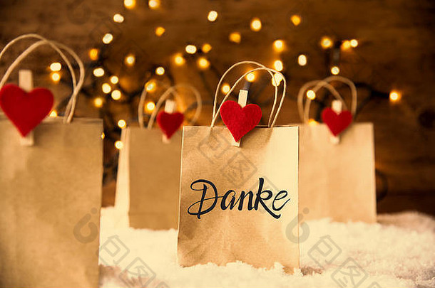 圣诞购物袋，雪，心，丹克的意思是谢谢你