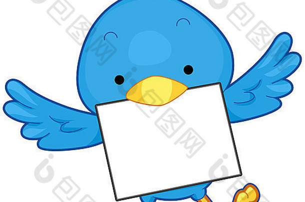 一只会飞的蓝色小鸟，用嘴叼着一张纸