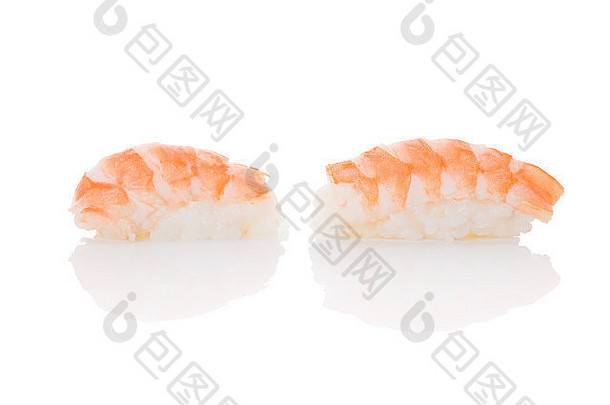 美味奢华的nigiri寿司，白底虾。简约的当代亚洲风格。