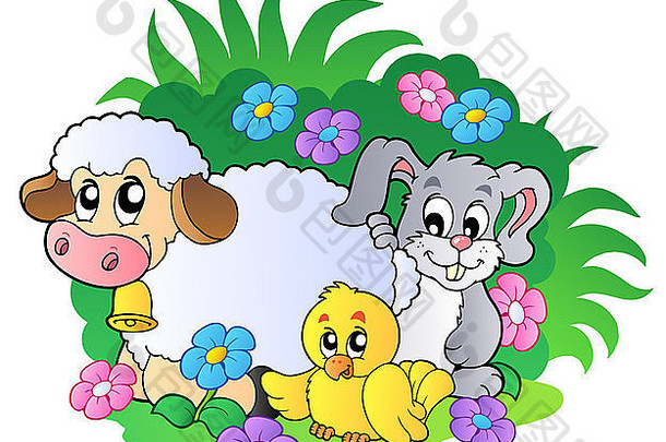 春季动物群-彩色插图。