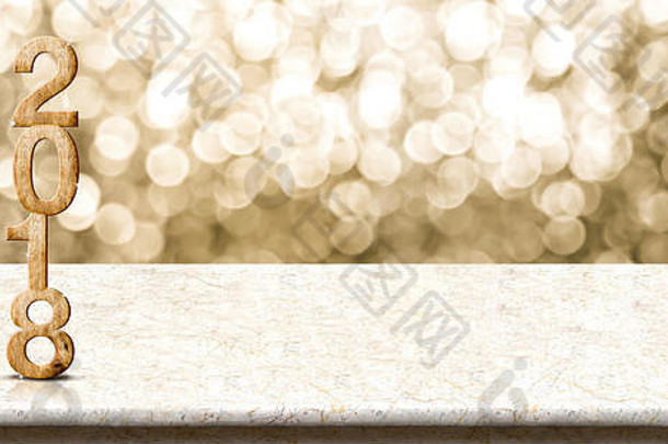 2018年新年快乐木号（3d渲染）大理石桌上，金色波基墙闪闪发光，全景横幅用于展示或蒙太奇ho产品