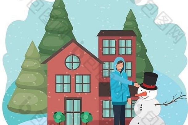 冬天带着雪人和房子的人