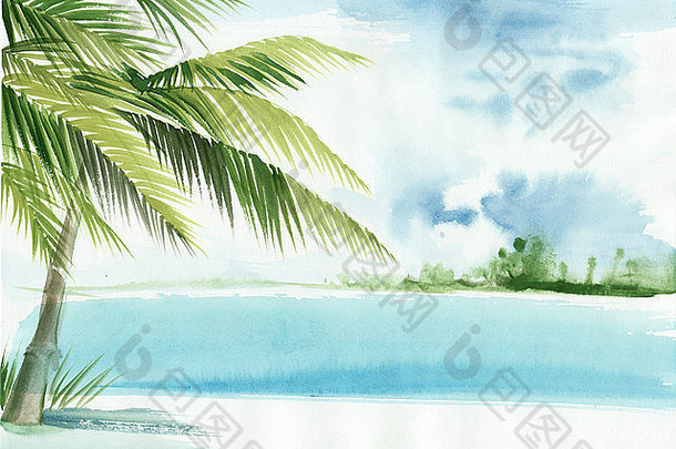 热带度假胜地棕榈树景观。原创水彩画。