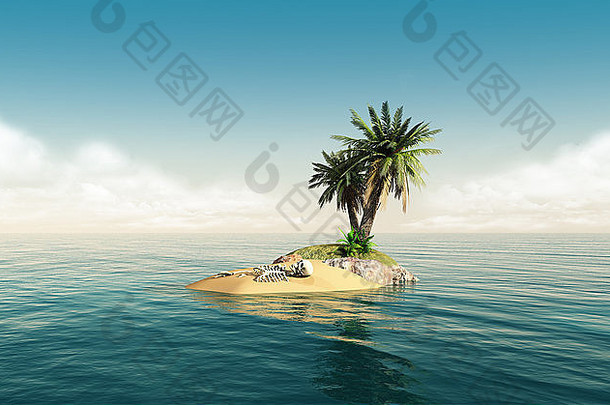 小热带岛中间海洋小棕榈树骨架沙子
