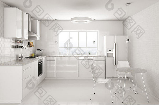 现代白色厨房窗口表格椅子室内呈现