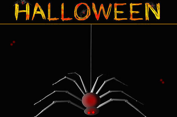 万圣节图片，可怕的大蜘蛛与红色发光的眼睛隔离在黑色背景上