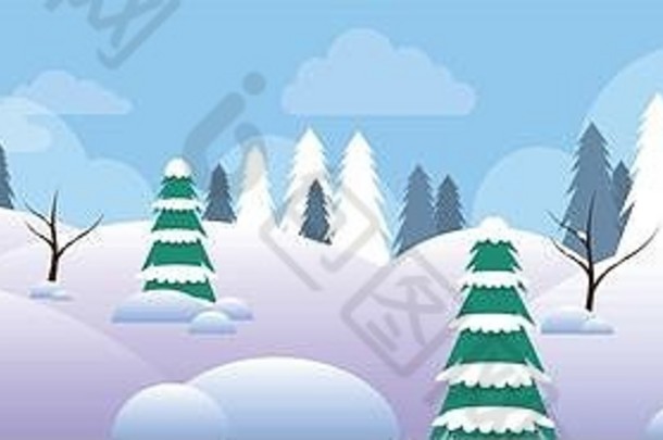 冬季森林景观圣诞背景，松树雪树树林