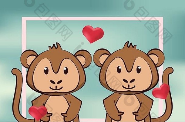 可爱的猴子情侣情人节快乐卡
