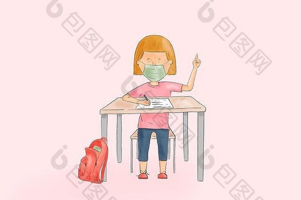 手画插图孩子脸面具指出学校桌子上回来学校冠状病毒