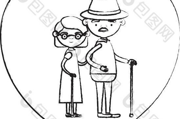 一张心形贺卡模糊的剪影，上面画着全身的漫画，这对老年夫妇拥抱着戴着帽子、留着八字胡、拄着拐杖的祖父和留着短发的祖母