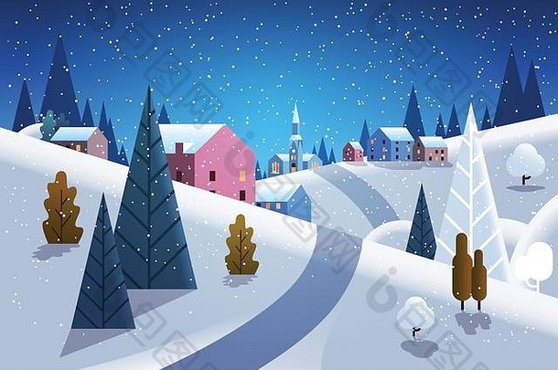 晚上冬天村房子山山景观降雪背景水平平
