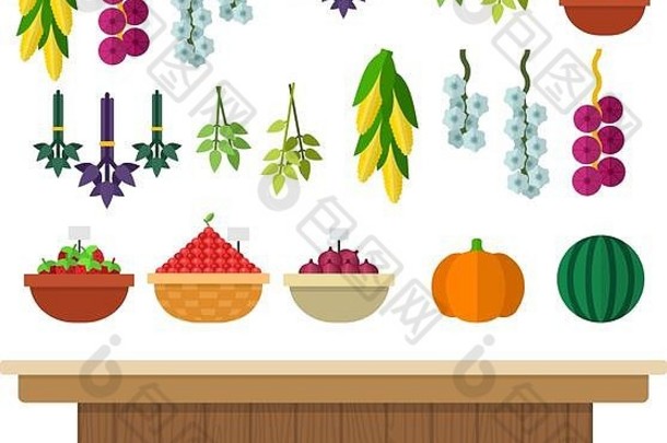 木制柜台，菜篮子中有蔬菜、香草和浆果