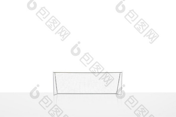 足球概念显示空的足球球门柱，球门网带有反射