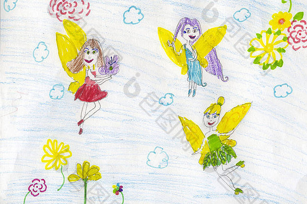 三个小仙女飞翔的彩色铅笔画