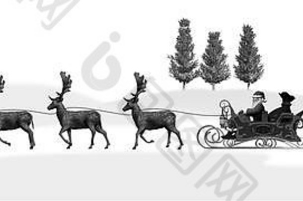 圣诞节全景圣诞老人老人雪橇驯鹿树黑色的白色