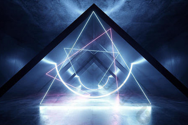 霓虹灯发光的未来三角形科幻黑夜激光紫蓝色三角形走廊隧道反射混凝土舞台宇宙飞船背景3