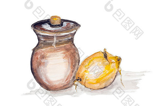 粘土能黄油洋葱灯泡手工制作的水彩绘画插图白色纸艺术背景