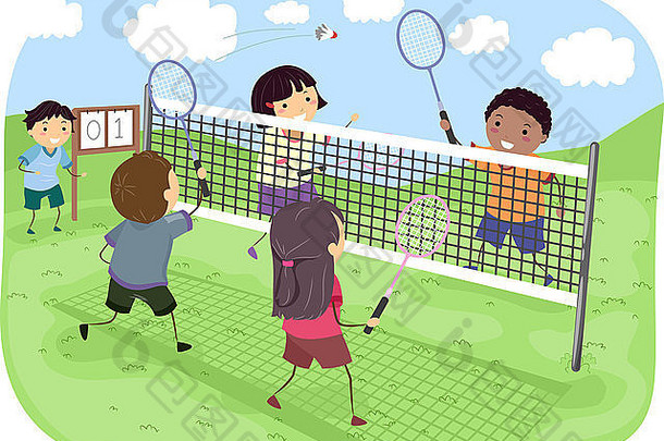 一组孩子在公园里打羽毛球双打的插图