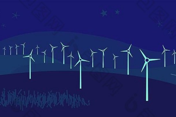 夜晚，山上的风力涡轮机。清洁能源解决方案概念采用明矾水和幻影蓝色调，2020年流行色。