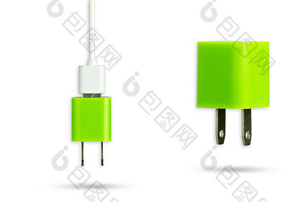 绿色权力适配器充电器白色Usb电缆隔离白色背景剪裁路径