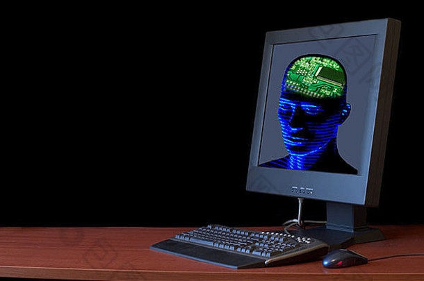 在电脑显示器内装有大脑芯片的人头概念图