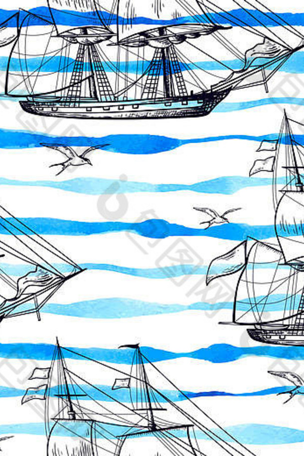 海洋无缝的模式航行船蓝色的水彩行手画背景