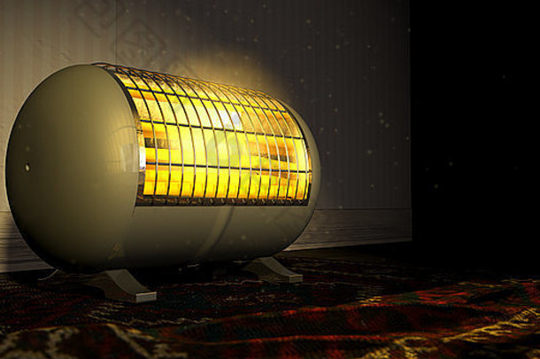 一个圆柱形的电加热器，在一个老式的红色波斯地毯上的房间里照明和辐射