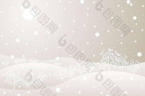 图中为寒冷的冬季灌木篱笆，颜色为米色和白色，阳光明媚，下着阵雪