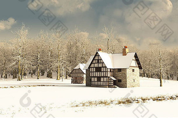 冬天的中世纪农舍