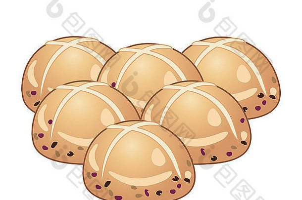 插图新鲜烤复活节面包装饰交叉干水果白色背景