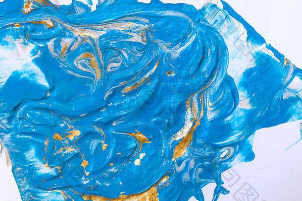 蓝色的黄金液体纹理手画大理石花纹背景墨水大理石摘要模式