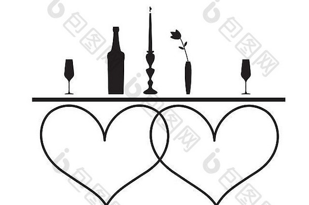 浪漫的夜晚，一杯葡萄酒，蜡烛和花瓶里的花。轮廓插图